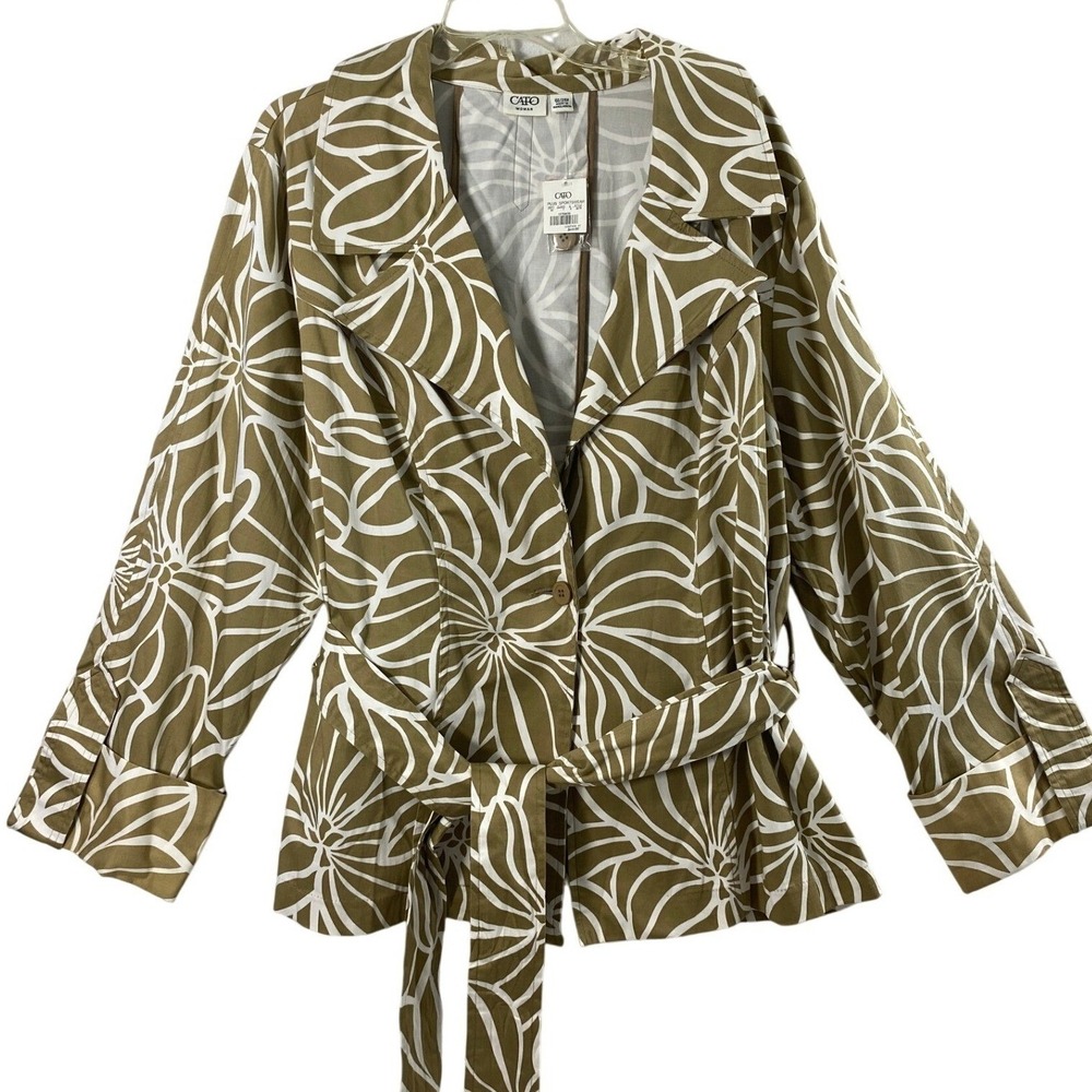 Cato Jacket Woman Plus 22 / 24W Tan White Floral Belted Lightweight Artsy